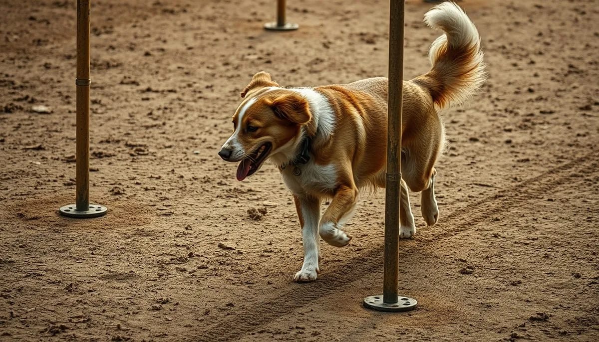 Agility dog weaving through poles demonstrating precise movement skills