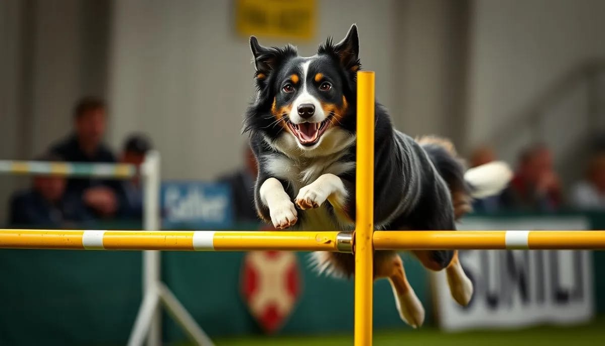 Border Collie jumping over agility obstacle in outdoor dog competition
