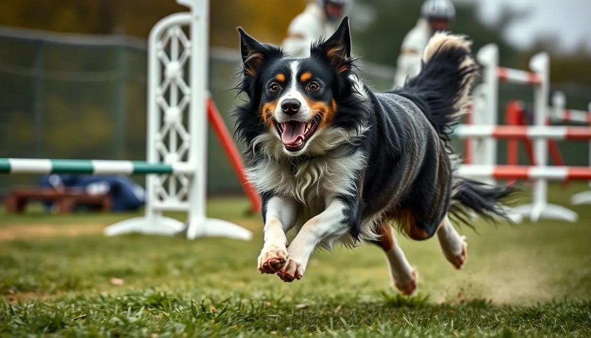 Border Collie sprinting across agility course showing athletic ability