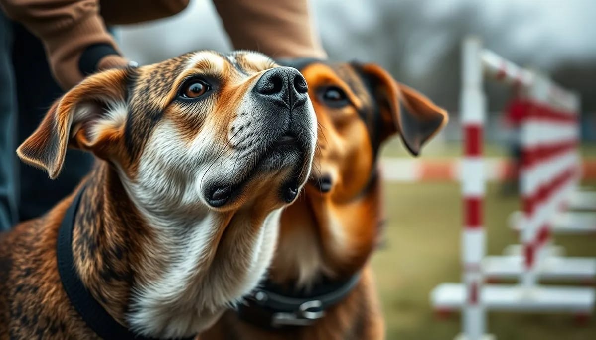Dog handler communication at agility start line showing intense focus