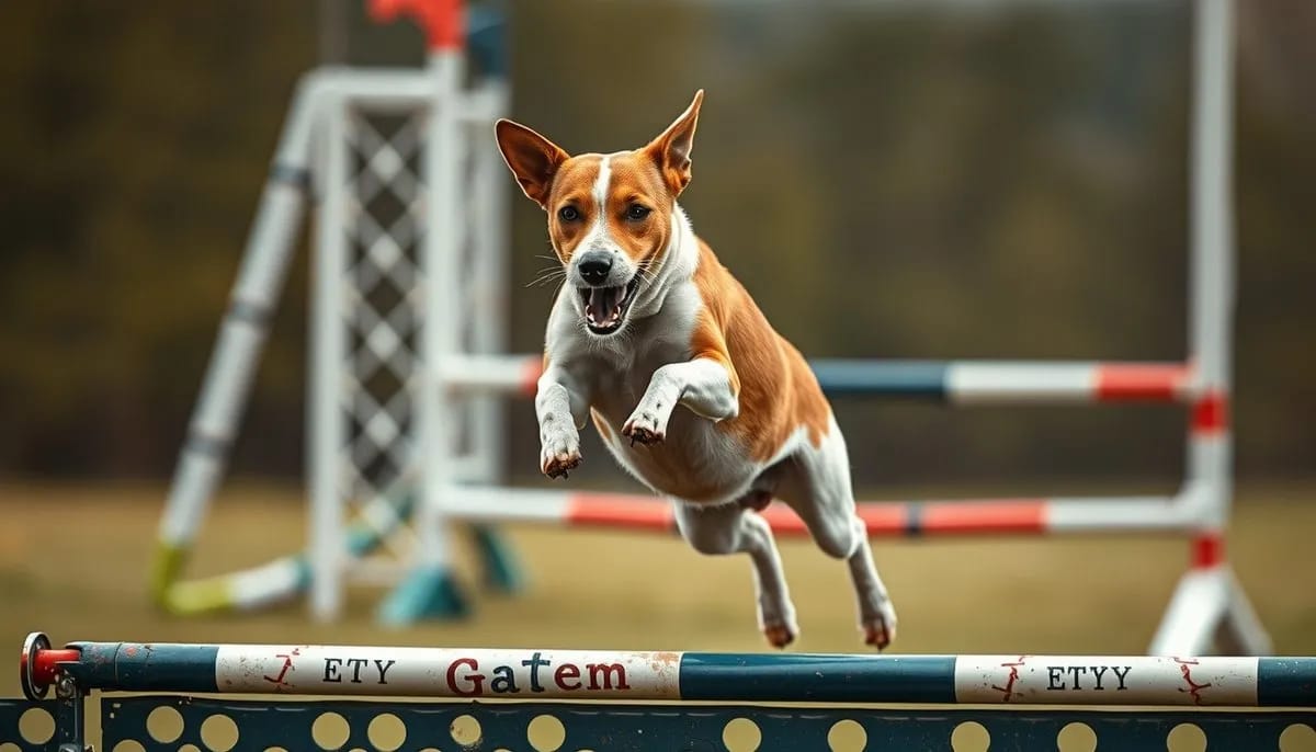 Jack Russell Terrier jumping over agility obstacle with explosive energy