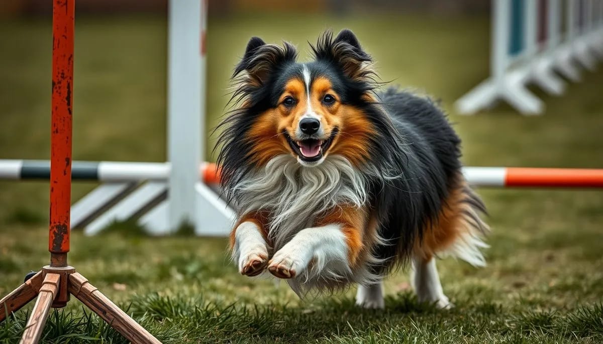 Shetland Sheepdog navigating agility turn with balanced movement