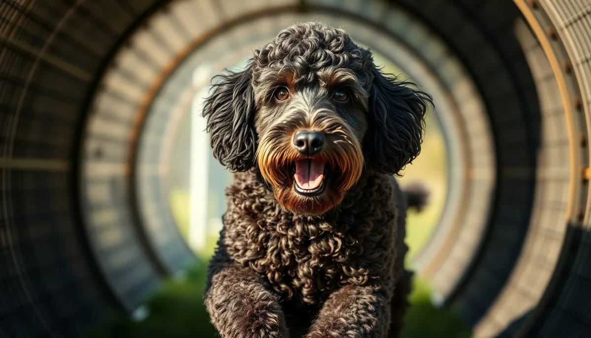 Standard Poodle entering agility tunnel showing athletic ability