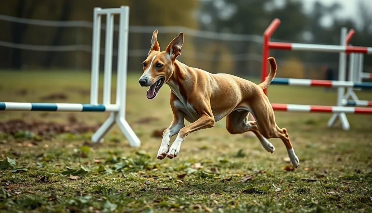 Whippet running agility course with smooth sighthound movement