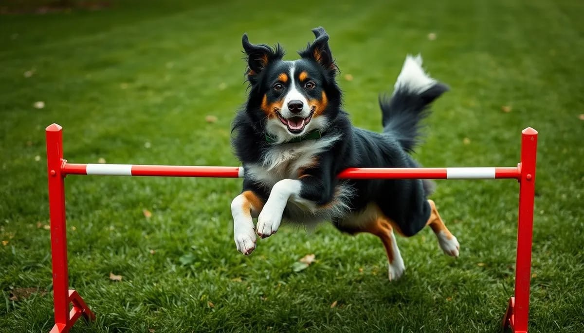 Border Collie jumping over agility hurdle in backyard training session