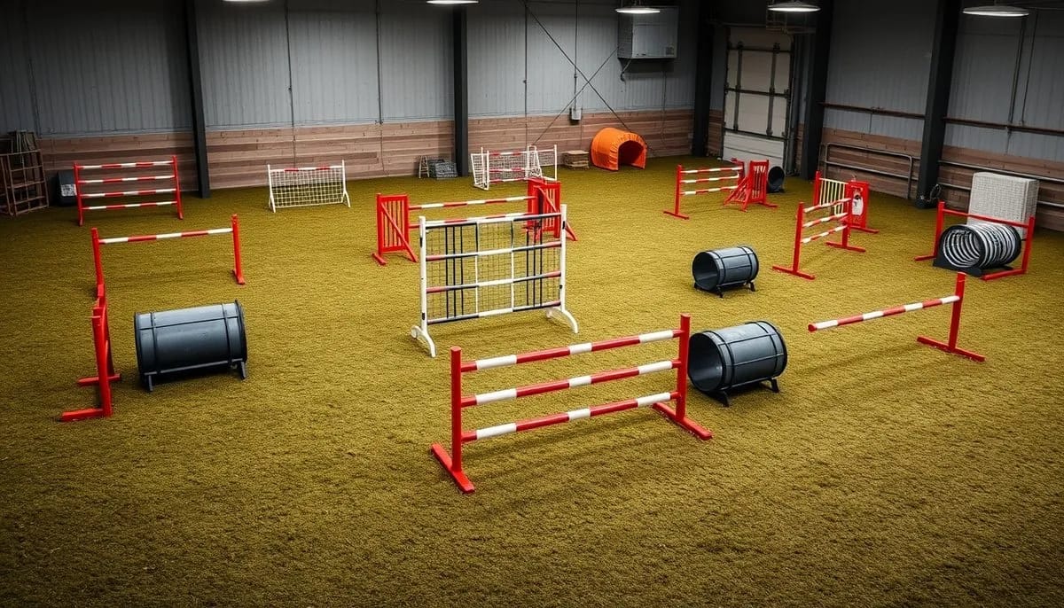 Complete professional agility course layout with full competition equipment setup