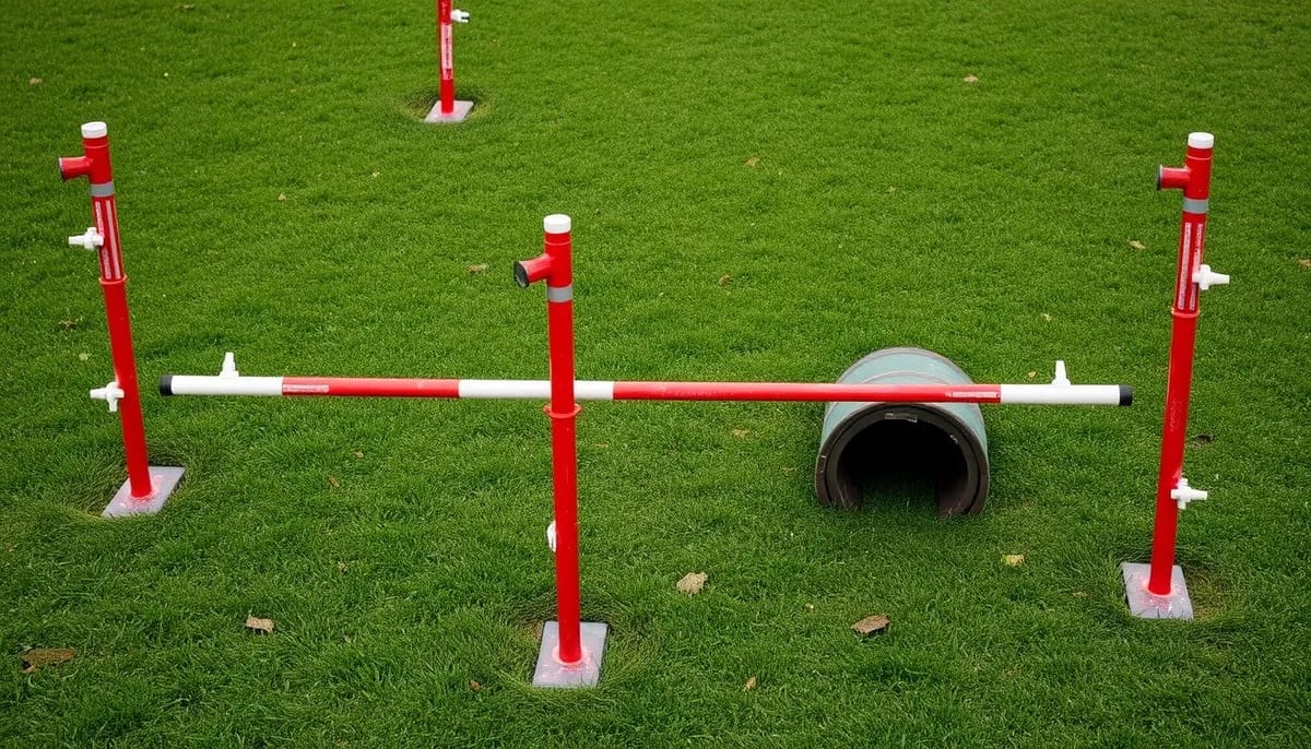 Essential beginner agility equipment including jumps, weave poles and tunnel on grass