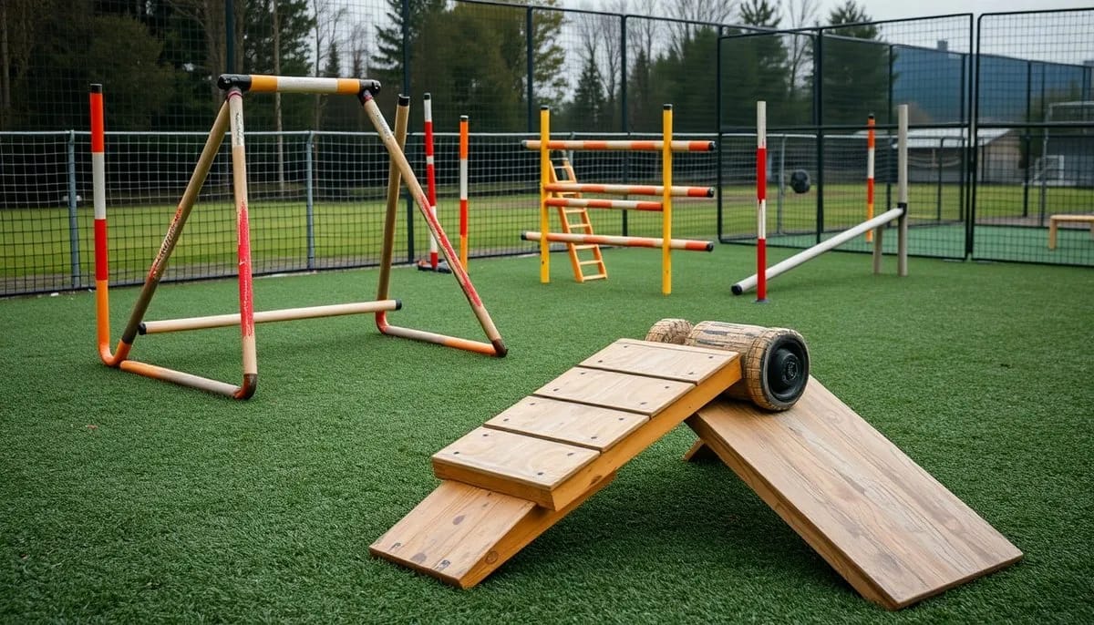 Professional competition agility obstacles A-frame, dog walk and seesaw on turf