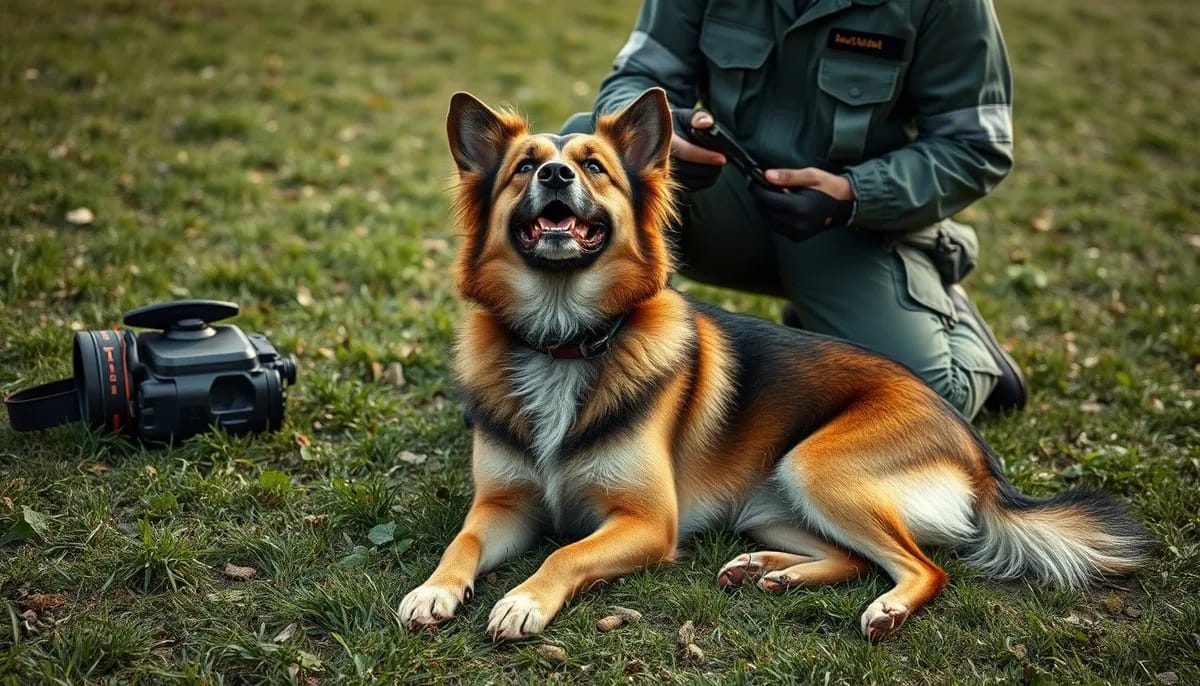 Dog and handler taking training break with equipment nearby