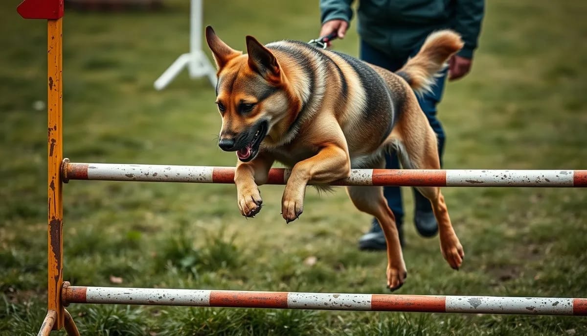 Dog jumping over agility obstacle during training session
