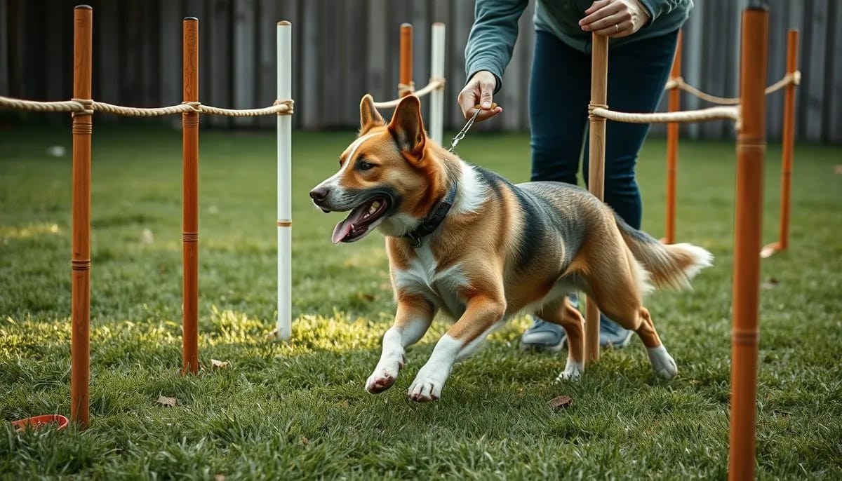 Dog learning weave pole training in backyard setting