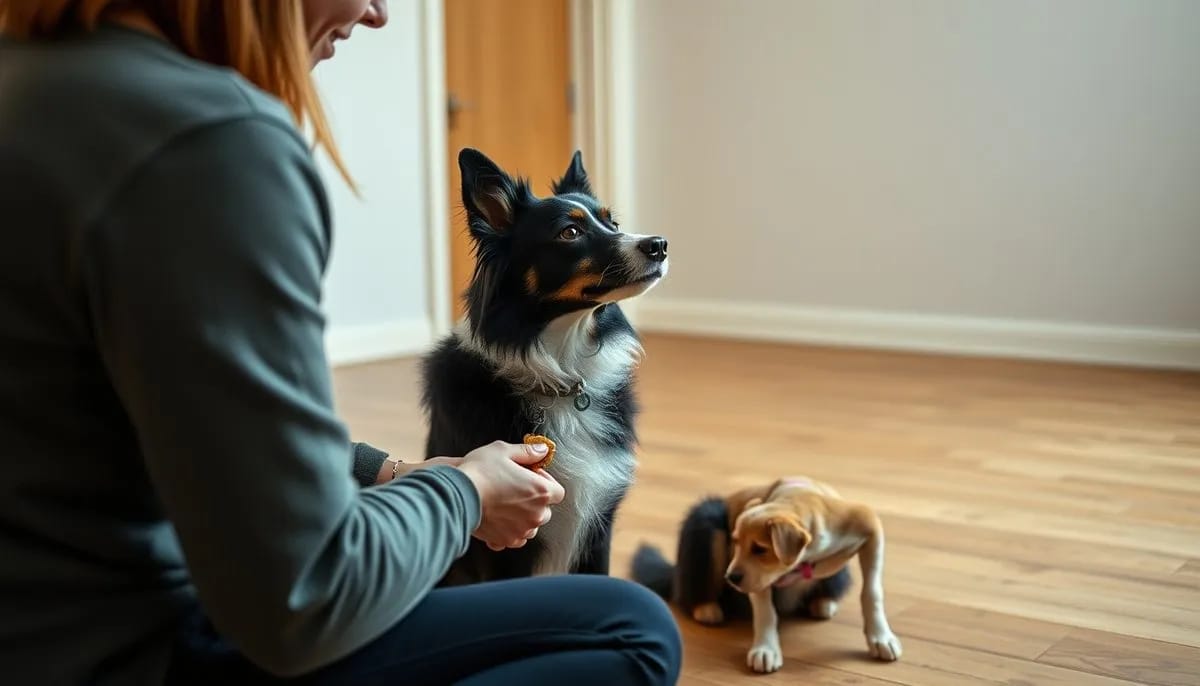 Dog trainer teaching basic obedience commands to Border Collie