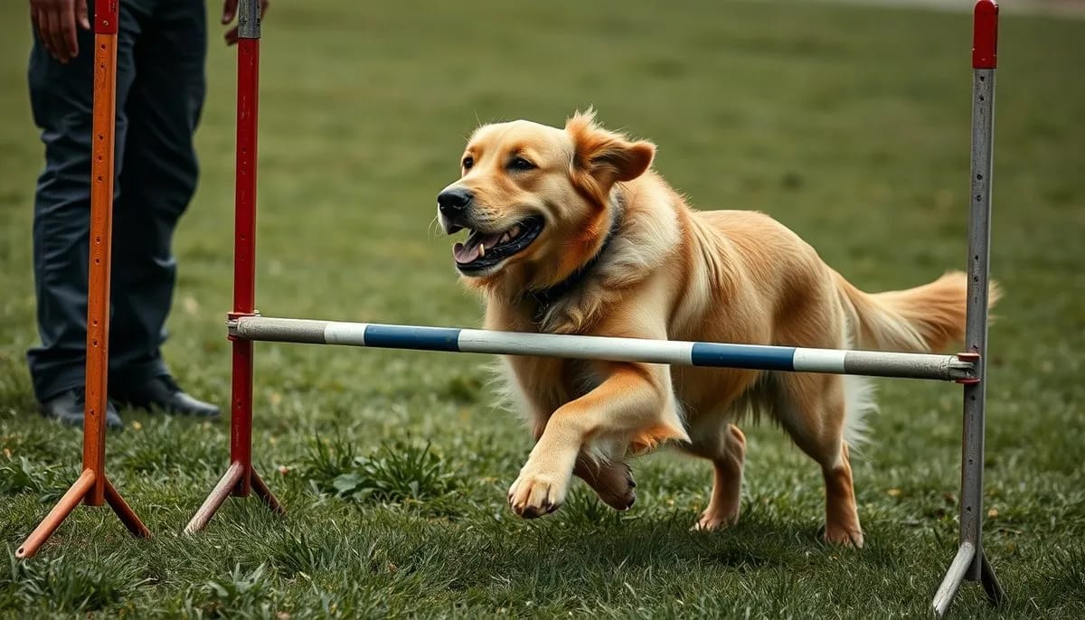 Golden Retriever learning jump training at ground level