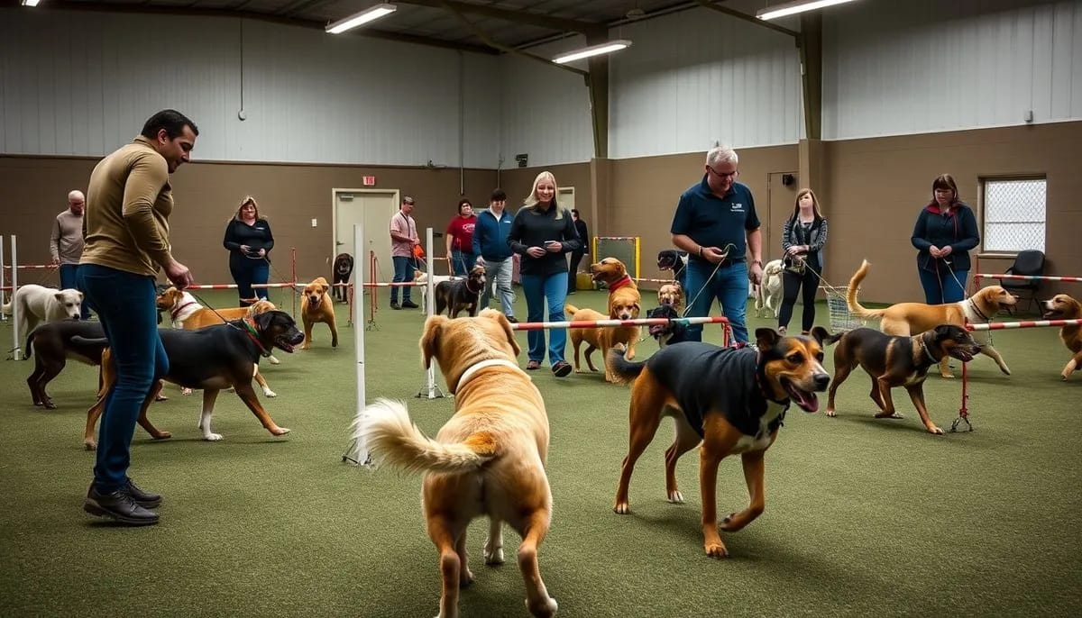 Group agility training class with multiple dog teams