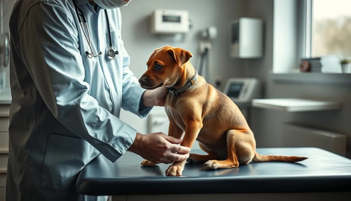 Veterinarian examining dog before agility training starts
