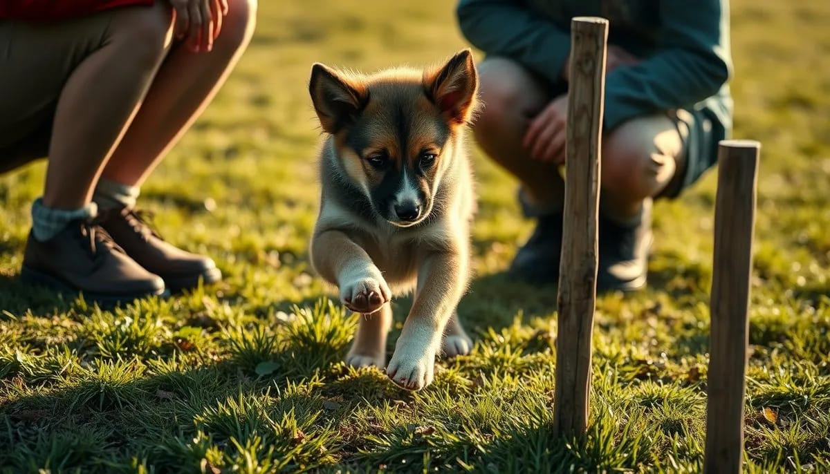 Young dog practicing body awareness with cavaletti poles exercise