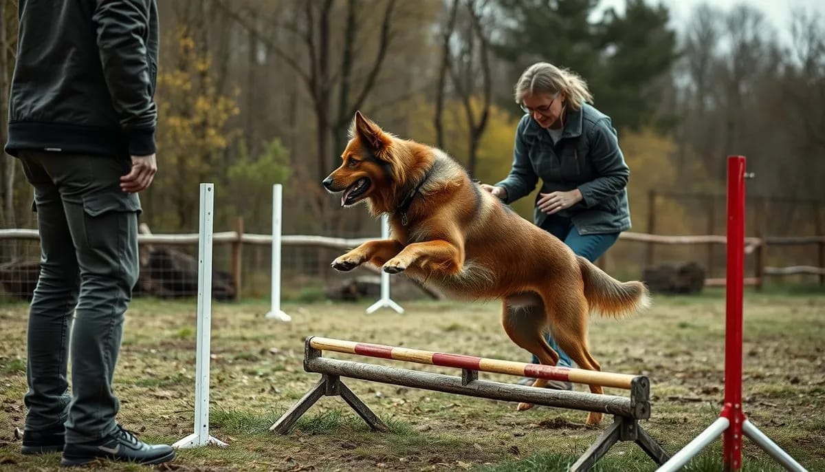 Beginner dog agility training with instructor guidance on low jump obstacle