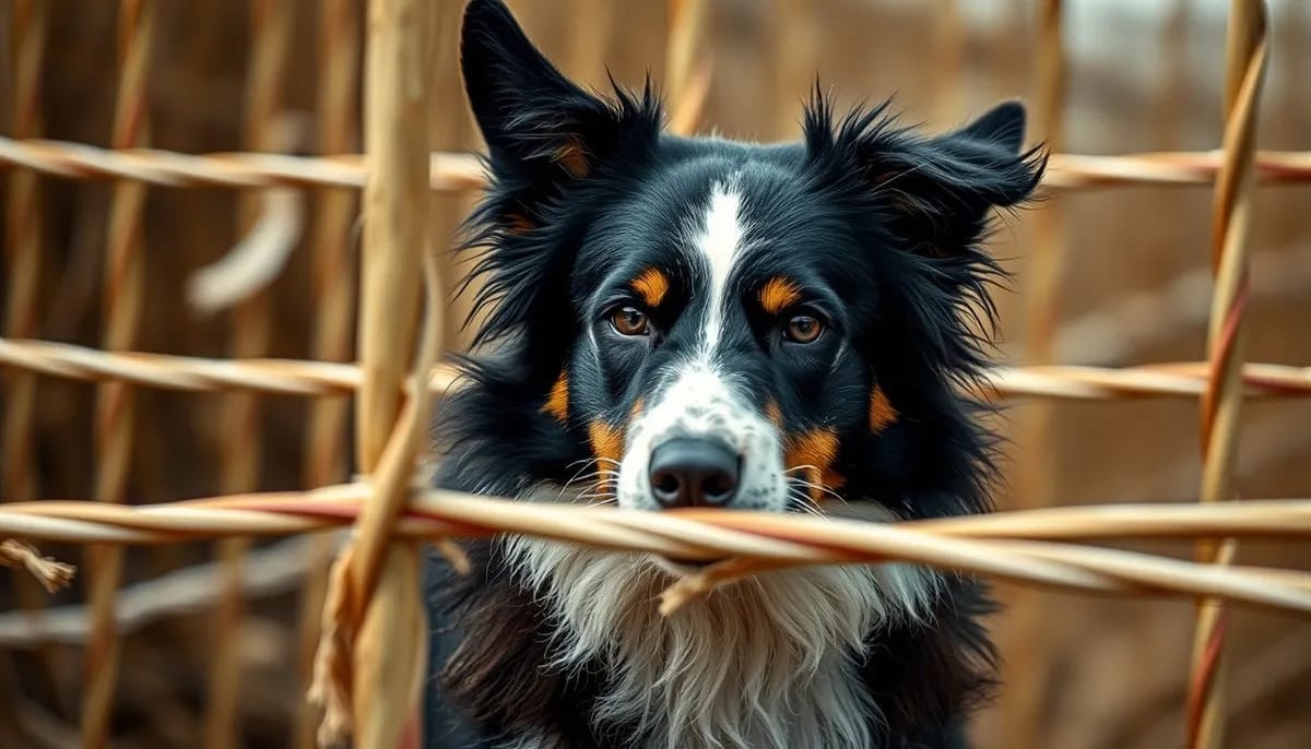 Border Collie weaving through yellow agility poles with focused concentration