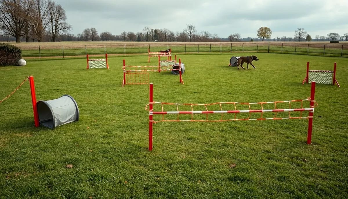 Complete dog agility course with jumps, tunnels, and weave poles on grass field