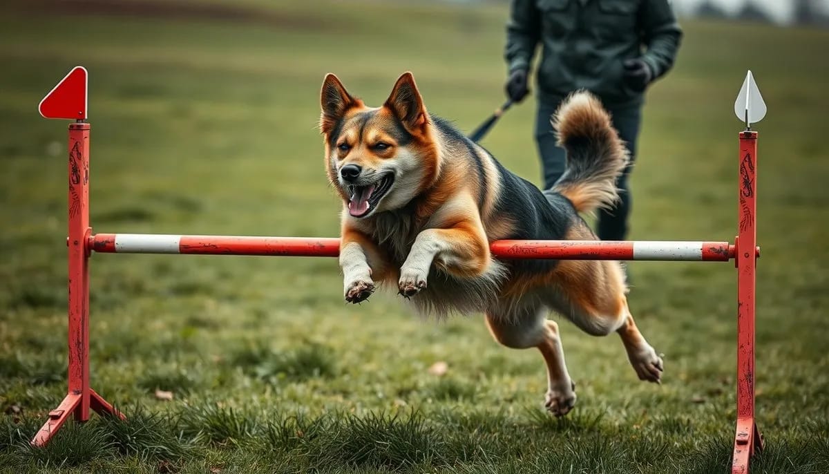 Dog jumping over agility obstacle with handler giving commands in background