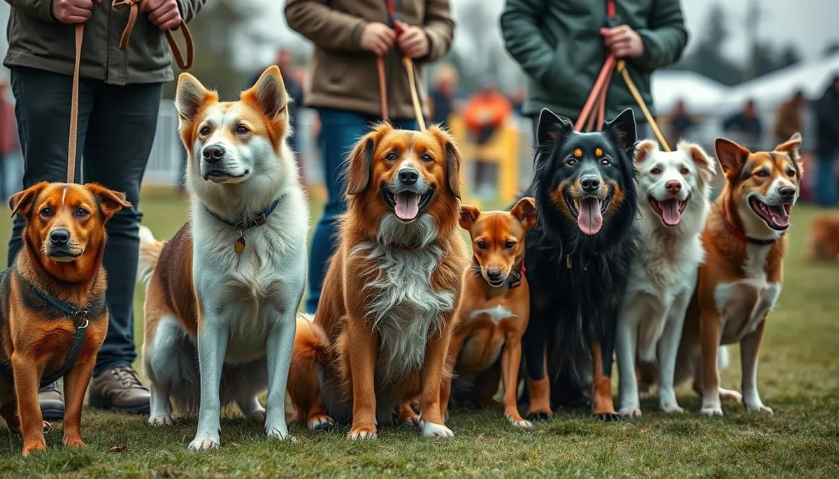 Dogs of different sizes with handlers lined up at agility competition trial