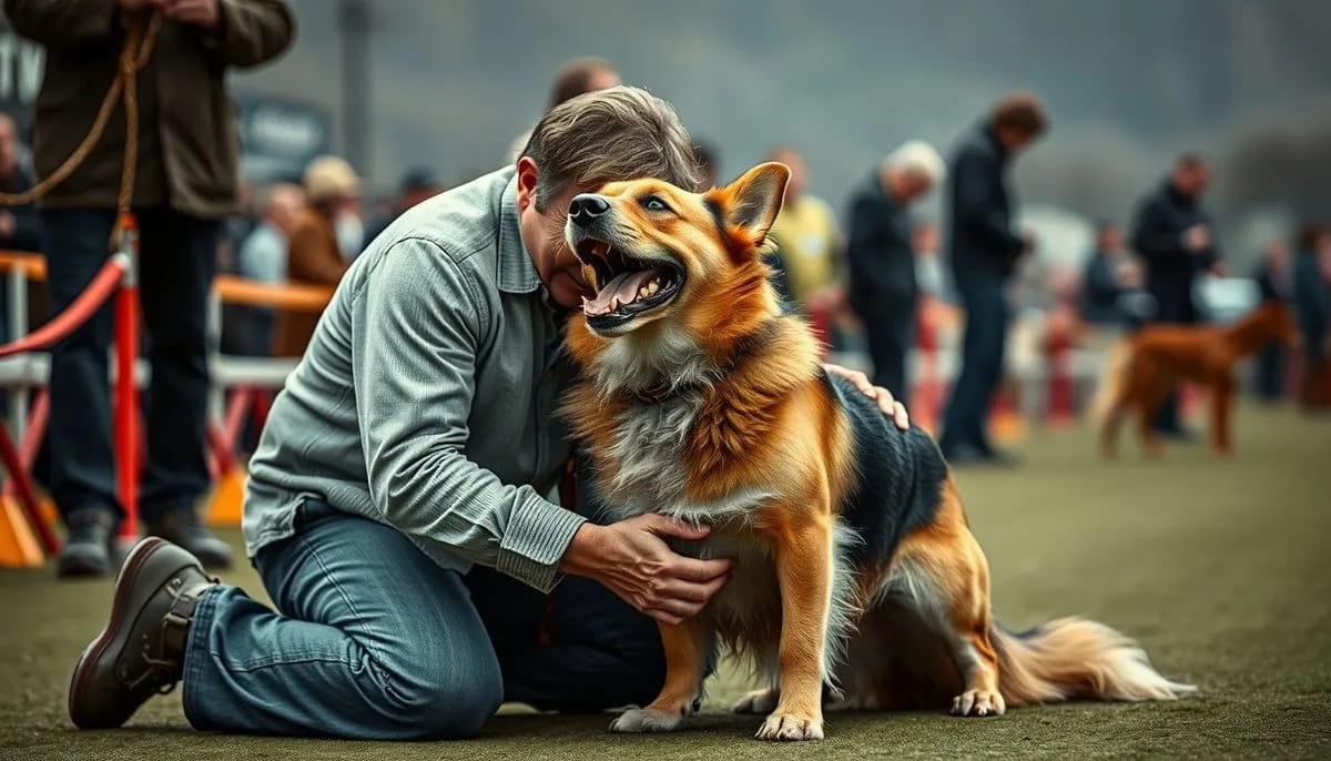 Handler celebrating with dog after successful agility run showing joy and partnership