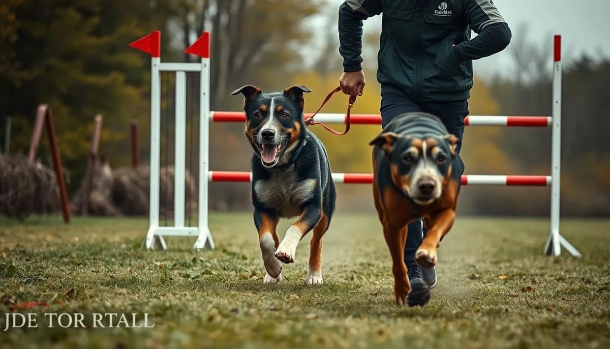 Handler running alongside dog during agility course showing physical fitness benefits