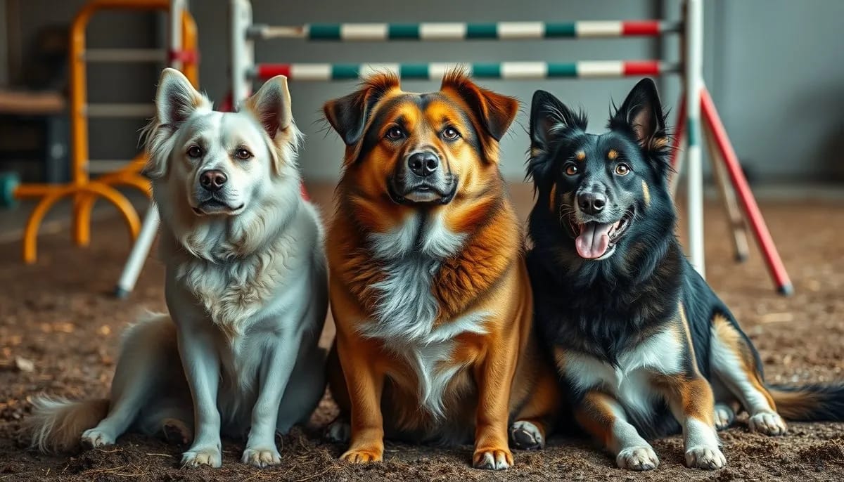 Three different dog breeds and ages sitting with agility equipment background